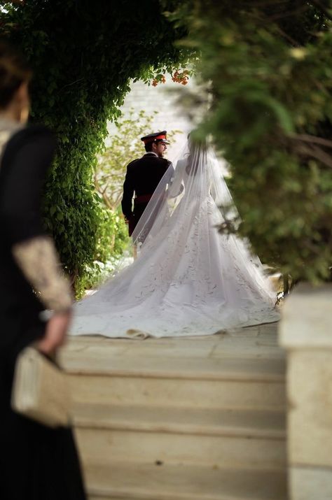 Royal Wedding Aesthetic, Princess Rajwa, Prince Aesthetic, Prince Wedding, Jeweled Wedding Dress, Royal Wedding Gowns, Bridal Hair Buns, Long Train Wedding Dress, Jun 2023