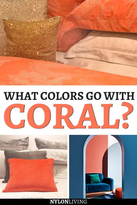 So have you heard that Living Coral is the Pantone Colour of the Year for 2019? But what are coral complimentary colors? Paired with neutrals, a coral color scheme really packs a punch. Try adding coral to gray for a softer look. Also, coral color works well with strong colors like teals and navys. Check out the best coral combinations colour palettes. #coral #livingcoral #pantone #pantone2019 #pantonecolor #pantonecoloroftheyear #colorcombos #colorcombinations Coral And Yellow Living Room, Coral And Blue Kitchen, Coral Rug Bedroom, Coral Bedroom Decor Ideas, Blue And Salmon Color Scheme, Coral And Turquoise Bathroom, Coral And White Bedroom, Teal And Salmon Bedroom, Coral Accents Bedroom