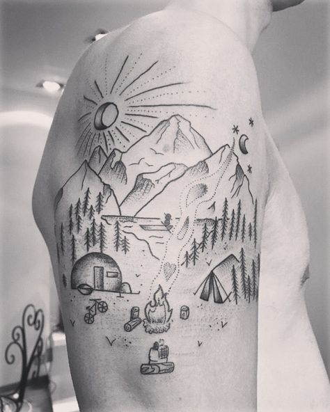 Jeep Mountains Tattoo, Camping Theme Tattoo, Campsite Tattoo, Camping Tattoo For Women, Jt Tattoo, Camper Tattoo, Annie Tattoo, Camping Tattoo Ideas, Adam Tattoo