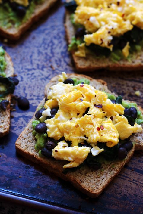 Avocado Toast with Smoky Black Beans, Spinach, and Eggs Spinach And Eggs, Fluffy Scrambled Eggs, Toast Toppings, Incredible Edibles, Avocado Recipes, Toast Recipes, Meatless Meals, Breakfast Time, Scrambled Eggs