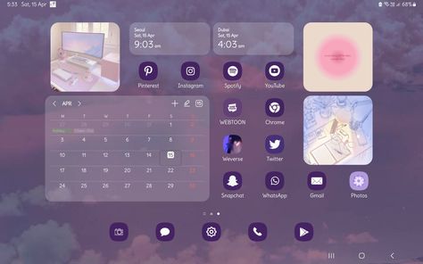 Tablet Layouts Aesthetic, Ipad Homescreen Ideas Purple, Tablet Homescreen, Samsung Homescreen Layout Ideas, Tablet Aesthetic, Samsung Aesthetic, Tablet Organizer, Ipad Lockscreen, Cute Small Drawings