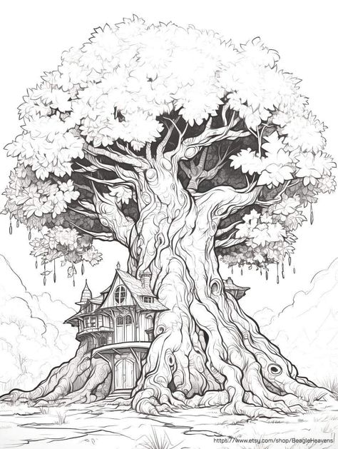 Free Printable Pictures, Tree House Drawing, Fineliner Art, Printable Coloring Pages For Kids, Adult Coloring Designs, Fairy Coloring Pages, Printable Pictures, Art Drawings Sketches Pencil, Tree Drawing