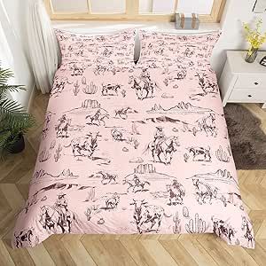 Feelyou Kids Wild West Cowboy Bedding Set Twin Size Western Decor Duvet Cover for Boys Girls Teens Bedroom Decor Rodeo Cowboy Style Comforter Cover Set Pink Bedspread Cover with 1 Pillow Case Cowboy Bedding, Pink Bedspread, Work Bed, Violet Room, Cowgirl Room, Teens Bedroom, White Bedspreads, Western Rooms, Western Bedding