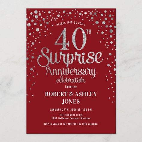 Surprise 40th Anniversary - Ruby Red & Silver Invitation Surprise 40th, Silver Invitation, Anniversary Surprise, 40th Wedding Anniversary, Surprise Wedding, Wedding Anniversary Invitations, Anniversary Invitations, Elegant Invitations, 40th Anniversary