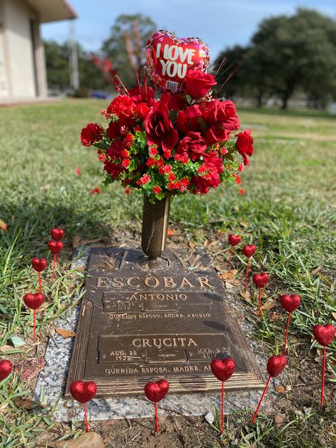 Mom’s grave Grave Yard Flowers, Valentines Day Grave Decorations, Valentine Decor For Cemetary, Valentine’s Day Cemetery Decorations, Valentines Grave Decor, Grave Yard Decorations Cemetery, Valentine Cemetery Arrangement, Decorating Grave Sites Ideas Diy, Birthday Grave Decorations