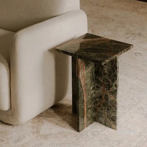 We're always looking for new ways to bring nature into the home. This marble table, with its dark green and brown colorway will do just that. With its clean solid lines, this side table brings nature in with it being a natural stone. Made with rainforest green marble and Rosso Levanto Marble - suitable for indoor and outdoor use. Each one will vary due to the natural marbling. Wood And Resin Side Table, Bedside Table Marble, Green Marble Side Table, Green Brown Interior, Marble Side Table Living Room, Rainforest Green Marble, Furniture Inspired By Nature, Rosso Levanto Marble, Side Table Marble