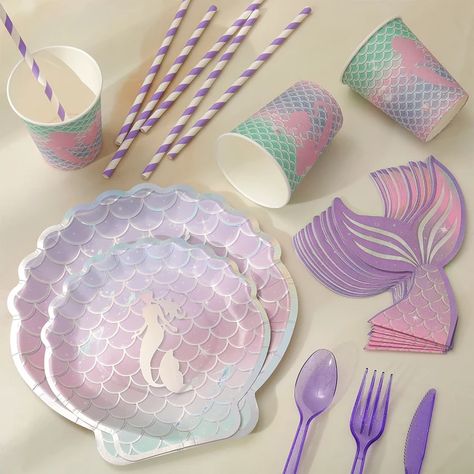 Mermaid one-off birthday party cutlery 7-inch 9-inch Tray Paper Cup napkin tablecloth - AliExpress Party Cutlery, Cups And Plates, Mermaid Party Supplies, Birthday Party Cups, Party Cups, Mermaid Party, Paper Cup, Birthday Ideas, Table Cloth