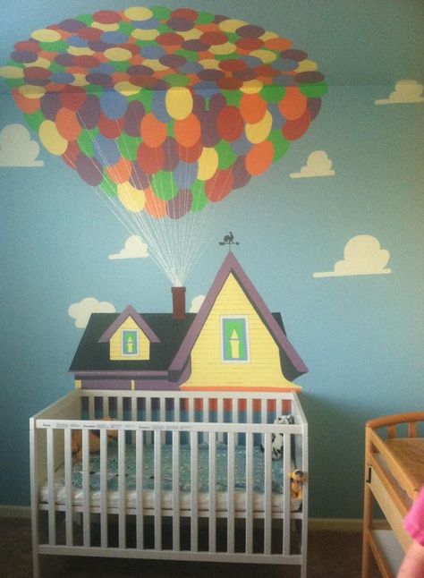 UP themed nursery mural. Painted by my mother in law! Up Themed Nursery, Disney Playroom, Disney Wall Murals, Disney Themed Nursery, Farmhouse Nursery, Baby Room Neutral, Nursery Mural, Disney Nursery, Girl Nursery Room