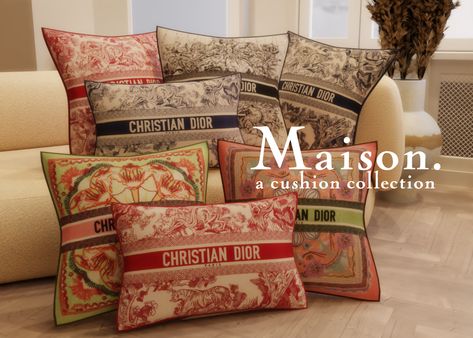 MAISON: a cushion collection. Sims 4 Dior Cc Decor, Sims 4 Clothes Decor, Sims 4 Dior Cc, Sims 4 Cc Pillows, Dior Cushion, Sims 4 Cc Posters Decor, Sims 4 Cc Designer Clothes, Sims 4 Designer Cc, Sims 4 Luxury Cc