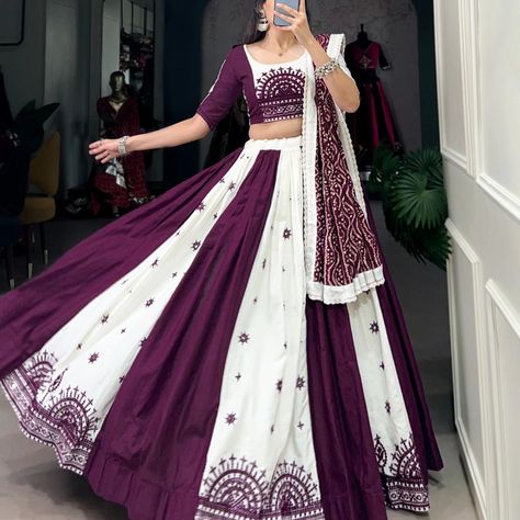 *🌷Navratri Collection 2024🌷* Stay cool, stay stylish this Navratri 🤍💜 *LNB1607WIN* *Lehenga (Stitched)* Lehenga Fabric : Pure Cotton Lehenga Work : Plain And Original Mirror With Gamthi Work Lehenga Waist : Support Up To 42 Lehenga Closer : Drawstring With Zip Stitching : Stitched With Canvas And Full Inner Length : 41 Flair : 6 Meter Inner : Micro Cotton *Blouse (Stitched)* Blouse Fabric : Pure Cotton Blouse Work : Plain And Original Mirror With Gamthi Work Blouse Size : 38” There i... Designer Lehanga, Long Skirt Top Designs, Gamthi Work, Navratri Outfits, Zip Stitching, Navratri Lehenga, Sarees Bridal, Floral Sarees, Cutwork Saree