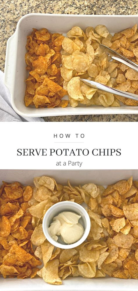 Entertaining with an appetizer of messy looking assorted potato chips is not the best look. Learn how to serve potato chips appetizer for your next party in an elegant, understated way. How To Serve Potato Chips At A Party, How To Serve Chips And Dip At A Party, Serving Potato Chips At A Party, Chip Bar Party Ideas, Serve Chips At A Party, Chips Party Display, Chip Party Display, Chips And Dips Board, How To Display Chips At A Party