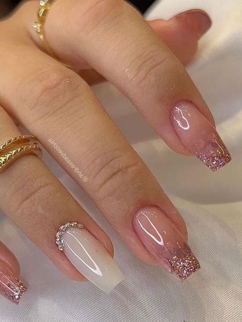 Coffin-shaped, pink glitter ombre, and milky white nails Pink Bridesmaid Nails, Bridesmaids Nails, Pink Glitter Nails, Pink Ombre Nails, Rose Gold Nails, Pink Nail Designs, Acrylic Nails Coffin Short, Nail Designs Glitter, Glitter Nail Art