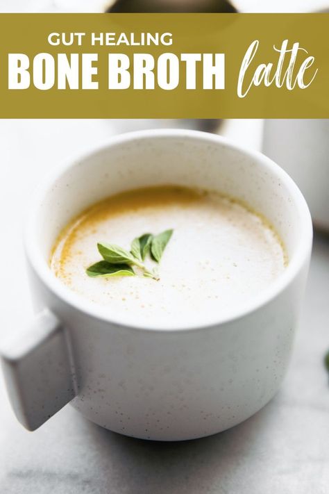 BONE BROTH LATTE is a delicious hot drink with nutritional benefits! It has collagen and healthy fats, making it a healthy replacement for coffee. #bonebroth #latte #hotdrinks #guthealth Bone Broth Recipe, Probiotic Foods, Nourishing Foods, Broth Recipes, Latte Recipe, Gut Healing, Eat Fat, Grass Fed Butter, Salty Snacks