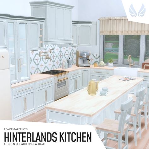 Hinterlands Kitchen - 32 New Items for Your Cooking Spaces | Patreon Sims 4 Peacemaker Cc, Peacemaker Sims 4 Cc, Sims 4 Peacemaker, Sims 4 Kitchen Ideas, Modern Kitchen Set, Sims 4 Kitchen, Cc Furniture, Country Kitchen Designs, Kitchen Clutter