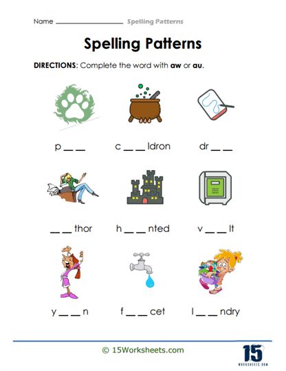 aw or au Middles Worksheet - 15 Worksheets.com Holiday Science, Kindergarten Social Studies, Pattern Worksheet, Spelling Worksheets, Prefixes And Suffixes, Spelling Patterns, Vowel Team, Root Words, Vowel Sounds