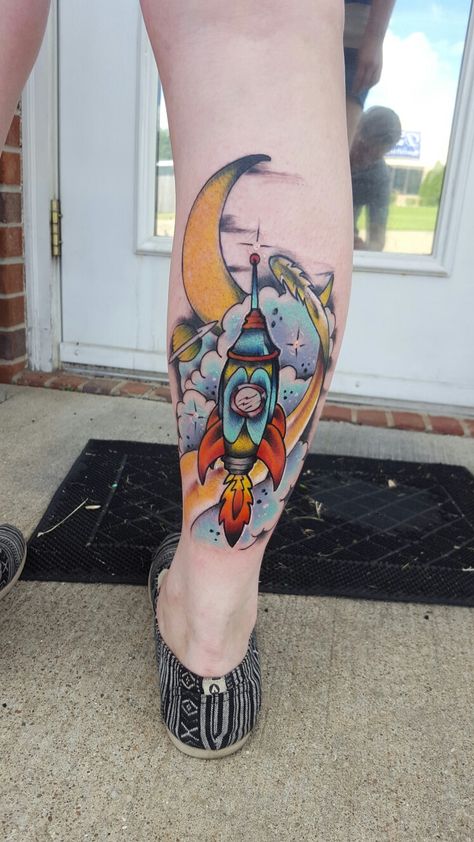 Rocketship tattoo Rocketship Tattoo, Rocket Ship Tattoo, Cliche Tattoo, Spaceship Tattoo, Sloth Tattoo, Rocket Tattoo, Space Tattoos, Left Arm Tattoos, Ufo Tattoo