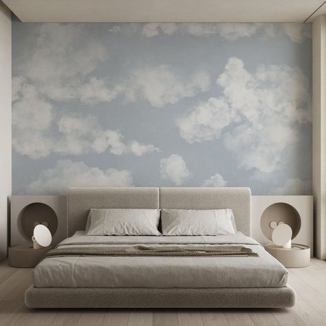 Self Adhesive Temporary Removable Vinyl Wallpaper Or Polyester Wallpaper with Pastel Blue Sky and Clouds Minimalist Design Abstract Style Wall Decal. Great for Kids Room, Bedroom, Living Room, Hallway, Bathroom. You can use the Peel and Stick Smooth or Canvas Texture Vinyl application, you can choose to use Light Textured Peel and Stick Fabric Material or Pre-Pasted Traditional Paper. We have a unique approach to each of your orders. Don't hesitate to contact us with the wall dimensions (height Clouds Painted On Wall, Cloud Wall Painting Bedrooms, Cloud Wall Paint, Sky Bedroom Aesthetic, Cloud Mural Bedroom, Painting Clouds On Walls, Wallpaper On Walls Bedrooms, Sky Theme Bedroom, Small Living Room Wallpaper