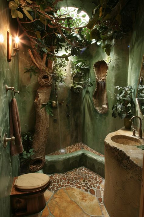 Design efficiently in your small bathroom without a bathtub. Explore ideas focused on showers, smart storage, and stylish decor. #EfficientDesign #SmallBathroom Hobbit House Bathroom, Bathroom Unique Design, Cottagecore Interior Design Bathroom, Bathroom Small Plants, Bathroom Forest Theme, Woodland Bathroom Ideas, Goblin Core Bathroom, Bathroom Ideas Nature, Forest Themed Bathroom