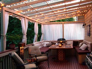 inspriationdeck | Covered patio with drapery, wrap-around be… | Flickr Terrasse Med Tak, Relaxing Outdoor Spaces, Glass Roofing, Outdoor Rope Lights, Deck Roof, Design Per Patio, Porch Curtains, Cheap Patio, Garage Apartments