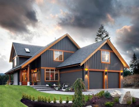 Wood Trim On Exterior Of House, Houses With Wood Trim Exterior, Dark Gray Hardie Board House, Grey Wood Exterior House, Dark Grey House Exterior Wood Trim, Blue House With Wood Trim, Black House Natural Wood Trim, Exterior House Colors Mountain Home, Exterior Siding Ideas Color Schemes Black Windows