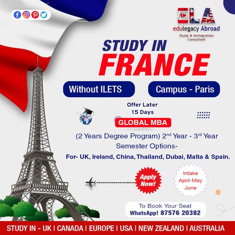 Exciting Career Await you in FRANCE 🇫🇷 🏃🏻‍♀️🏃🏻👨🏻‍🎓Pathway to UK🇬🇧 - Ireland 🇮🇪 Campus Paris 🏫 Study in #𝗙𝗥𝗔𝗡𝗖𝗘 🇫🇷 ✅ Schengen Visa - 26+ Countries ✅ GLOBAL MBA ✅ Apply Today apply for April / May Intake.https://wa.me/message/ZTW5NULDJRFPH1 #studyinfrance #studyabroad2023 #studyabroad #MBAInternational #beststudyabroadconsultant #FranceVisa #Francework #viralshorts#viralpost #StudyAbroadConsultants #intake2023#ilet Study In Uk Social Media Post, Post Reference, Travel Brochure Design, Schengen Visa, Abroad Study, Admissions Poster, Team Success, Creative Advertising Design, After Effect Tutorial