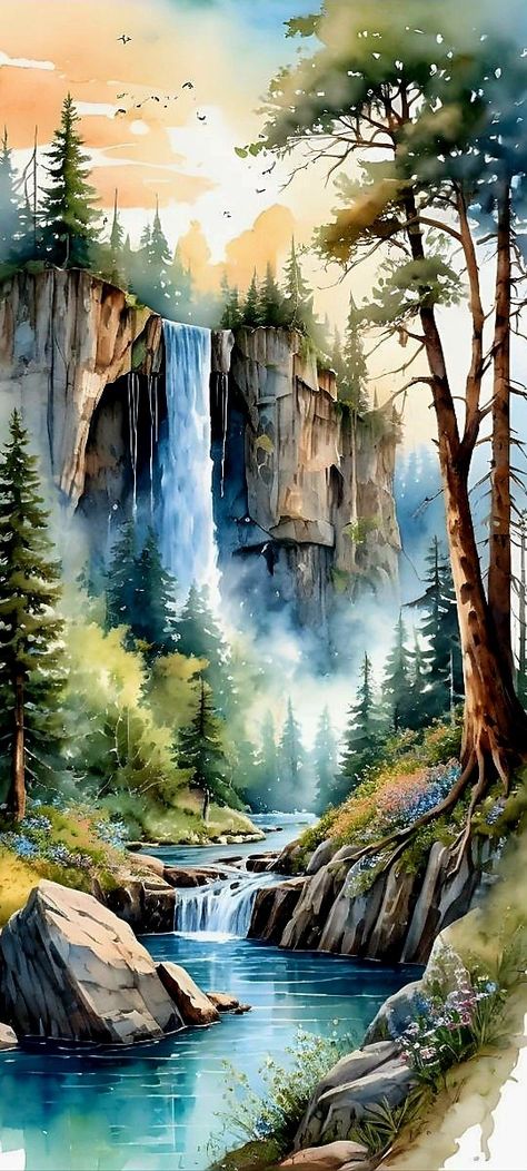 Watercolor Waterfall, Watercolor Nature, Waterfall Paintings, Watercolor Paintings Nature, Mountain Landscape Painting, Beautiful Landscape Photography, Diy Watercolor Painting, Canvas Painting Landscape, Landscape Art Painting