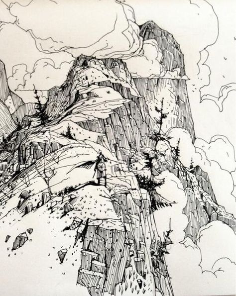 Ian McQue: Snow Mountain Sketch, Mountain Ridge Drawing, Rock Mountain Drawing, Boots Perspective Drawing, Drawing A Mountain, Mountains Landscape Drawing, Ridge Drawing Ideas, Manga Mountains, Mountain Pen Drawing