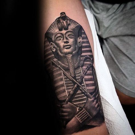 King Tut Tattoo Design, King Tut Tattoo, Mens Forearm Tattoos, Pharaoh Tattoo, Poseidon Tattoo, Egypt Tattoo, King Tattoos, Back Of Shoulder Tattoo, Egyptian Tattoo