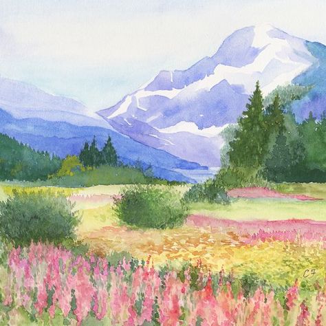 Cathi Freund Pretty Landscape Paintings, Ghibli Landscape Painting, Cottage Core Watercolor Paintings, Watercolour Spring Landscape, Watercolor Ghibli Landscape, Watercolour Countryside Landscapes, Alaska Painting, Mountains Watercolor, Flowers Meadow