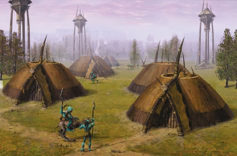 Tribe Village Concept Art, Fantasy Tribe Village, Village Concept Art, Oddworld Inhabitants, Abe's Oddysee, Fantasy Village, Village Art, Space Fantasy, Fantasy Races