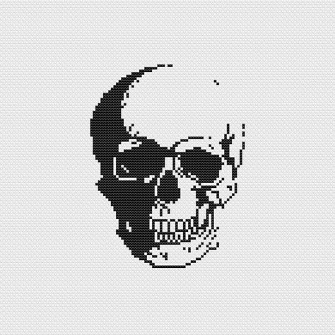 Skull Cross Stitch Pattern, Skull Cross Stitch, Monochrome Cross Stitch, Cross Stitch Skull, Graph Paper Art, Completed Cross Stitch, Cross Stitch Heart, Cross Stitch Alphabet, Black Skull