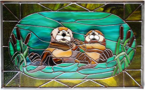 Otterly Welcome Designed and constructed by Karen Rose  Stained glass, North Woods, Otters Stained Glass Otter, Otter Stained Glass Pattern, Cabin Windows, Stained Glass Patterns Free, Welcome Design, Bench Ideas, Glass Inspiration, Work Bench, Sea Otter