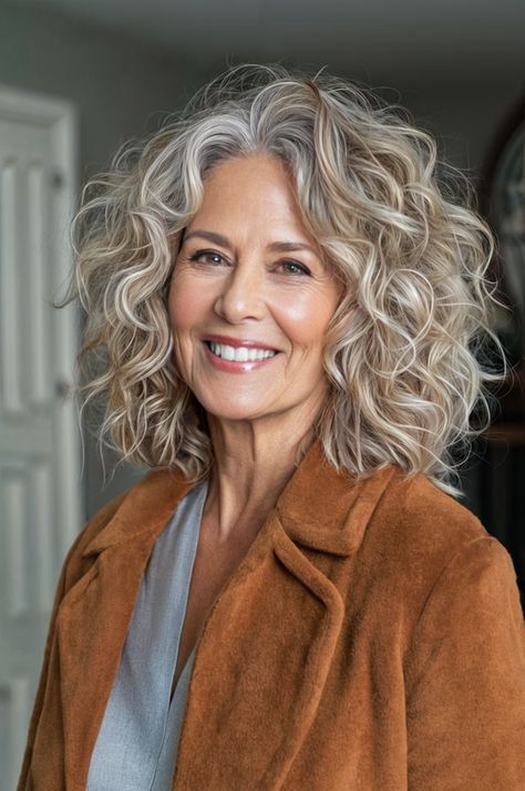 "Elegant Transformations: Gorgeous Hairstyles and Haircuts for Women Over 50. Rediscover Your Radiance! Timeless Looks for Timeless Beauty. Medium Length Curly Grey Hair, 2c Hairstyles, 2b Hair, Wave Hairstyle, Natural Curly Hair Cuts, Grey Curly Hair, Medium Length Curly Hair, Hairstyles And Haircuts, Hairstyles For Women Over 50