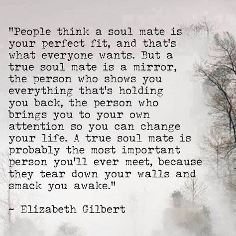 People think a soul mate is your perfect fit, and that's what everyone wants. But a true soul mate is a mirror, the person who shows you everything that is holding you back, the person who brings you to your own attention so you can change your life. A true soul mate is probably the most important person you'll ever meet, because they tear down your walls and smack you awake. -Elizabeth Gilbert Elizabeth Gilbert Quotes, The Garden Of Words, Die Antwoord, Soulmate Quotes, Elizabeth Gilbert, Eat Pray Love, Soul Mates, After Life, Twin Flames