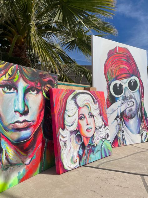 A colorful pop art painting of Dolly Parton Kurt Cobain and Jim Morrison. Jim Morrison Painting, Dolly Parton Painting, Kurt Cobain Painting, Pop Art Paintings, Colorful Pop Art, Living In Arizona, Express Love, Pop Art Painting, Jim Morrison