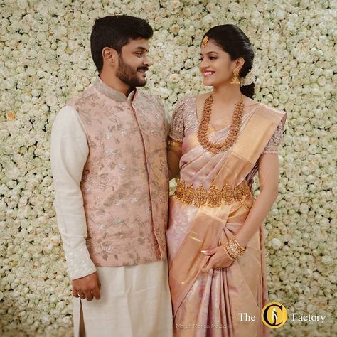 South Indian Engagement Outfit, Engagement Saree Look, South Indian Engagement, Indian Engagement Outfit, Engagement Couple Dress, Engagement Dress For Groom, Hand Embroidery Blouse, Wedding Matching Outfits, Engagement Dress For Bride