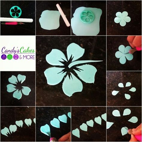 Fondant hibiscus flower tutorial Fondant Tips, Hawaiian Cake, Fondant Techniques, Sugar Flowers Tutorial, Fondant Flower Tutorial, Cake Topper Tutorial, Fondant Tutorial, Gum Paste Flowers, Fondant Decorations