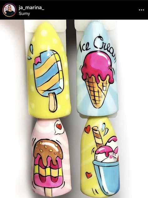 Nail Ice Cream Design, 3d Ice Cream Nail Art, Burger Nails, Ice Cream Nail Art, Candy Nail Art, Summer Nails Art Designs, Summer Nails Coffin, Cream Nail Art, Food Nail Art