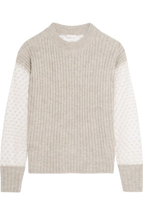 See by Chloe Knitted and Embroidered Tulle Sweater Sweater ($430) Embroidered Sweaters, Sheer Embroidered Top, Chloe Sweater, Light Grey Sweater, Sheer Sweater, Embroidery Top, Embroidered Tulle, Sheer Shirt, Embroidered Sweater