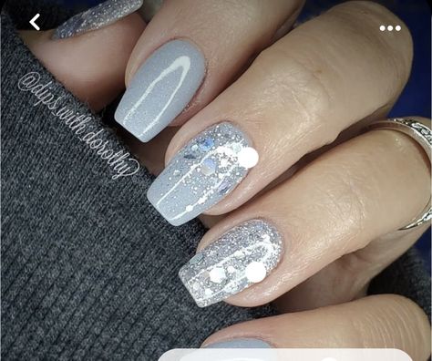 Powder Blue And Silver Nails, Gray Holiday Nails Sparkle, Winter Nails Grey Blue, Powder Dip Nails Winter, Cute Short Square Nails Winter, Winter Blue Nails Dip Powder, Bright Nails For Winter, Gel Nails Ideas Winter 2023, Pale Grey Nails