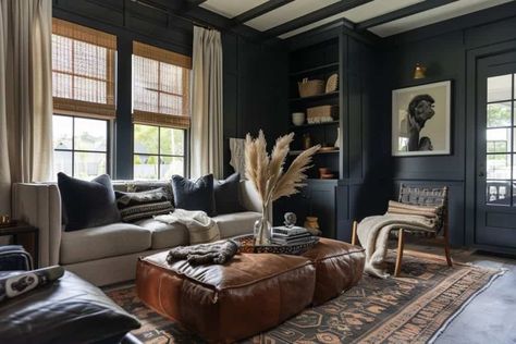 25 Moody Living Rooms You'll Love Moody Living Rooms, Moody Living Room Ideas, Pirate House, Moody Living Room, Cabin Living Room, Modern Boho Living Room, Bookshelves In Living Room, Casual Home, Beige Walls