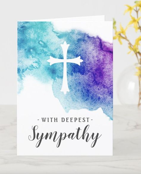 Beautiful sympathy card featuring a white cross on a purple and aqua watercolor splash and the text "With deepest sympathy" on the front. Custom text inside: "We are so very sorry for your loss May you find peace and comfort during this difficult time" Words For Sympathy Card, With Deepest Sympathy, Stampin Up Sympathy Cards, Aqua Watercolor, Sympathy Cards Handmade, Condolence Card, Alcohol Ink Crafts, Ink Crafts, Deepest Sympathy