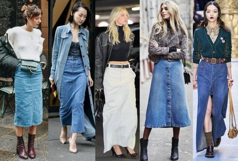 2023 Denim Skirt, Midi Skirt Layered Outfit, Denim Skirt Fall 2023, Long Jean Skirt Outfits 2023, Denim Skirt Street Style 2023, Long Denim Skirt Outfit 2023, Long Denim Skirts For Women, Maxi Jeans Skirt Outfit Aesthetic, How To Wear Denim Skirt