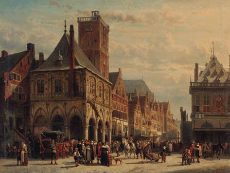 Cornelis Springer (Dutch, 1817-1891) Dutch Paintings, Medieval Cities, Architecture Traditional, Amsterdam Vintage, Dutch Architecture, Town Art, Dutch Masters, Medieval City, Medieval Life