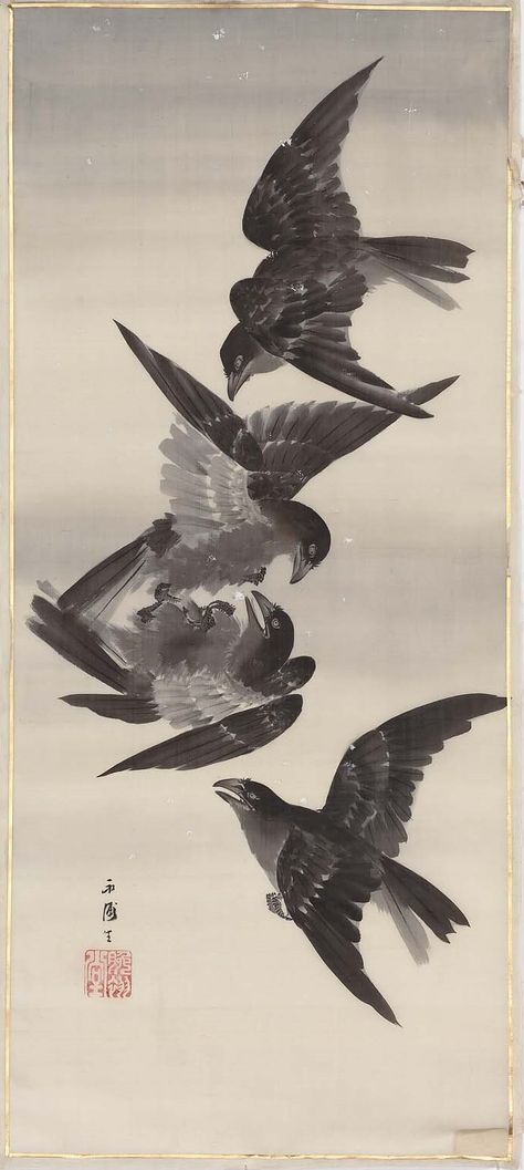 Crows on Wing.   Japanese Meiji era late 19th century.  Saida Eiho (Japanese, dates unknown) Obey Me Halloween, Crows Artwork, Tattoo Flash Ideas, Asian Birds, Crows Drawing, Crow Painting, Flower Composition, Japanese Ink Painting, Japanese Bird