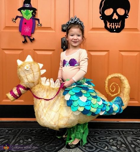 Seahorse-riding Mermaid - 2018 Halloween Costume Contest Diy Seahorse, Seahorse Costume, Toddler Mermaid Costumes, Sea Ideas, Horse Costume, Blue Spray Paint, Mermaid Halloween Costumes, Recycled Dress, Homemade Costume