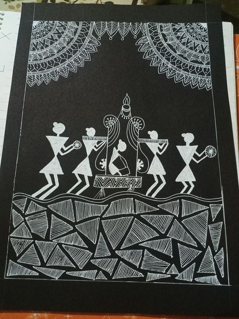 #made on black paper# beautiful bride Paintings On Black Paper, Warli Art Painting, Art On Black Paper, Painting On Black Paper, Warli Paintings, Warli Painting, Warli Art, Folk Painting, Art Village