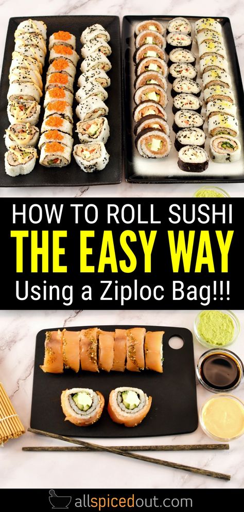 The Best Easy Sushi Rolls To Make at Home - All Spiced Out How To Make Sushi Rolls At Home, Easy Sushi Rolls At Home Without Seaweed, How To Roll Sushi Without Mat, Lobster Artichoke Dip, Easy Sushi Rolls At Home, Sushi Recipes California Roll, Diy Sushi Rolls, How To Roll Sushi, Easy Sushi Rolls