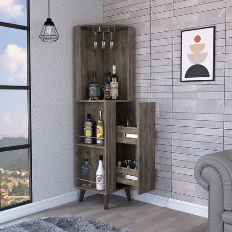 Kitchen 1-Drawer 2-Shelf Corner Bar Cabinet Dark Brown - Bed Bath & Beyond - 37764657 Wine Cubbies, Corner Bar Cabinet, Coin Bar, Countertop Shelf, Cup Rack, Corner Bar, Home Coffee Bar, Cabinet Dimensions, Glass Rack