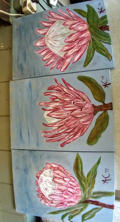 Protea's in acrylic by Amanda Coertze Paintings Of Proteas, Sa Art, Protea Art, Painted Tile, Protea Flower, Leaf Painting, Art Theory, Wine Art, Kids Artwork